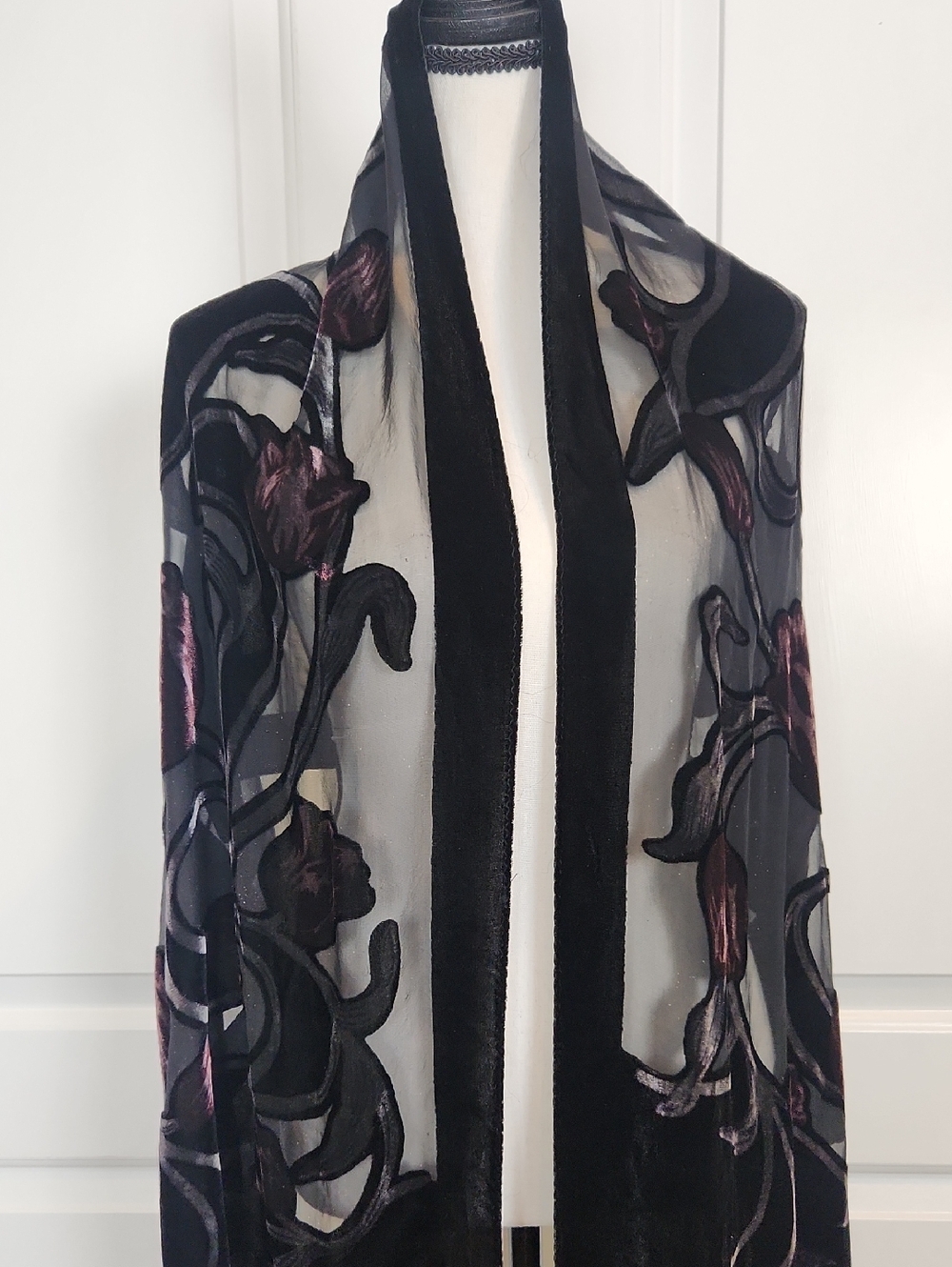Black and Purple Velvet Burnout Floral Fringe Silk Shawl Scarf - Picture 2 of 10